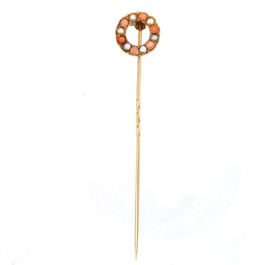 Victorian 18ct Gold, Coral & Natural Split Pearl Round Racing Finishing Post Tie Pin | Parkin and Gerrish | Antique & Vintage Jewellery