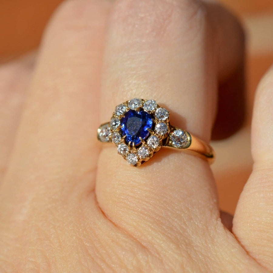 Victorian 18ct Gold Heart Shaped Sapphire and Diamond Cluster Ring | Parkin and Gerrish | Antique & Vintage Jewellery