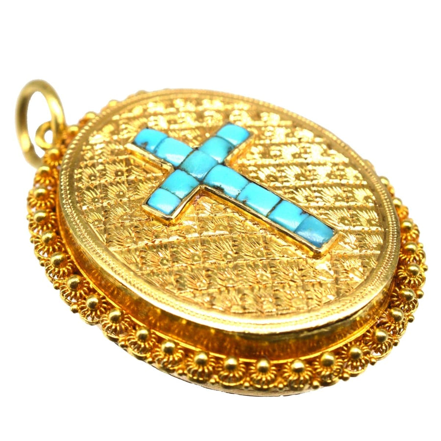 Victorian 18ct Gold Locket with Turquoise Cross in Original Case | Parkin and Gerrish | Antique & Vintage Jewellery