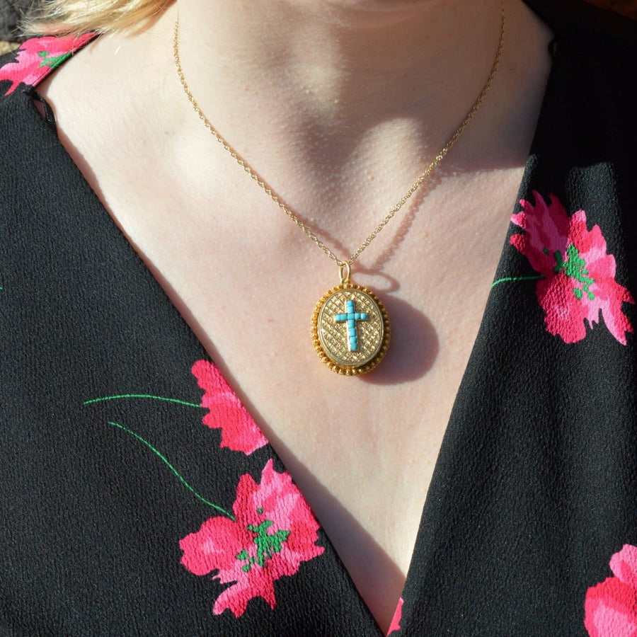 Victorian 18ct Gold Locket with Turquoise Cross in Original Case | Parkin and Gerrish (UK)