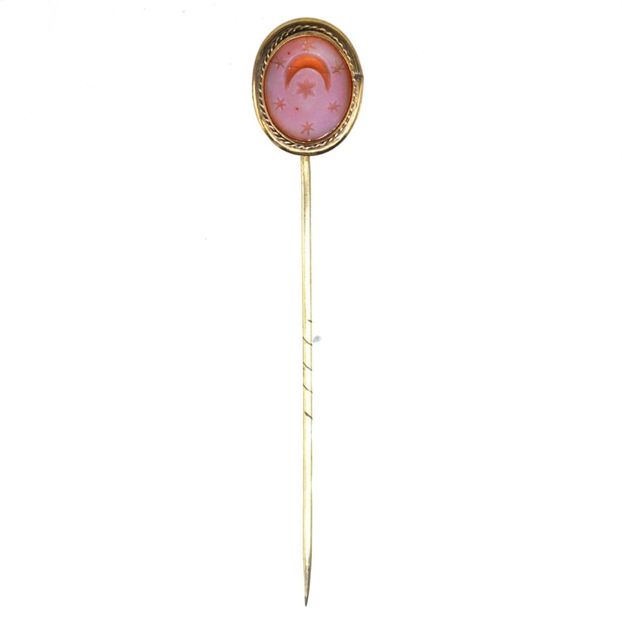Victorian 9ct Gold Carnelian Tie Pin with Crescent Moon & Stars | Parkin and Gerrish | Antique & Vintage Jewellery