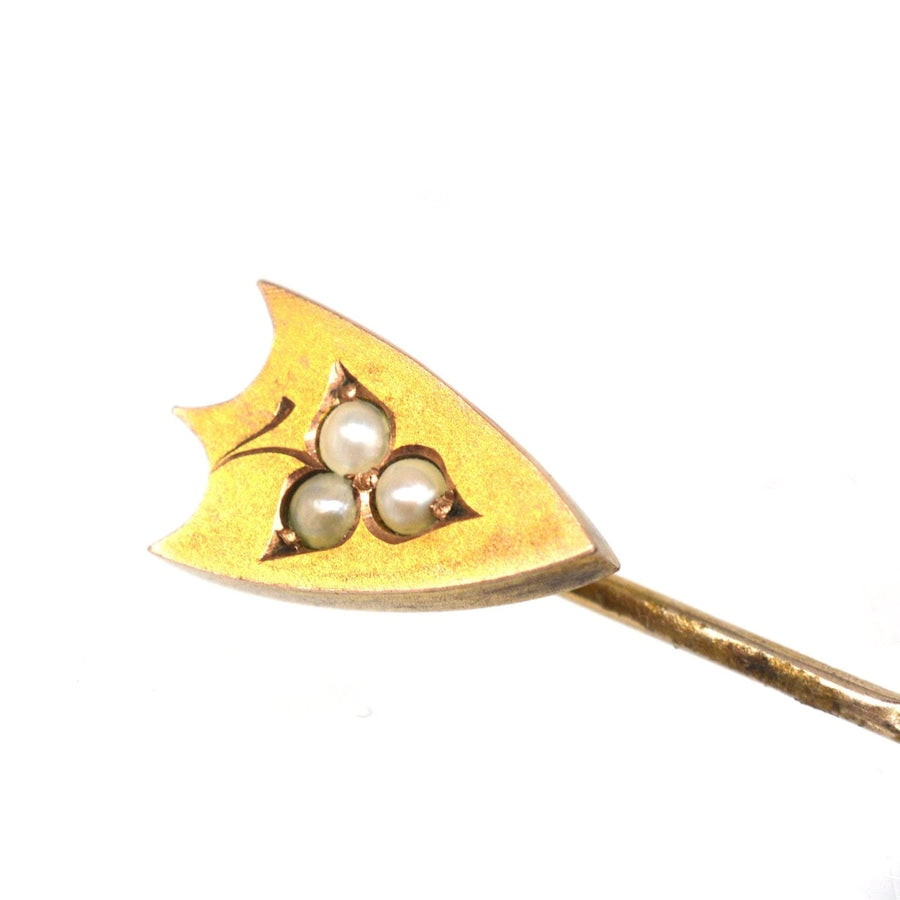 Victorian 9ct Gold Shield with Split Pearl Leaf Tie Pin | Parkin and Gerrish | Antique & Vintage Jewellery
