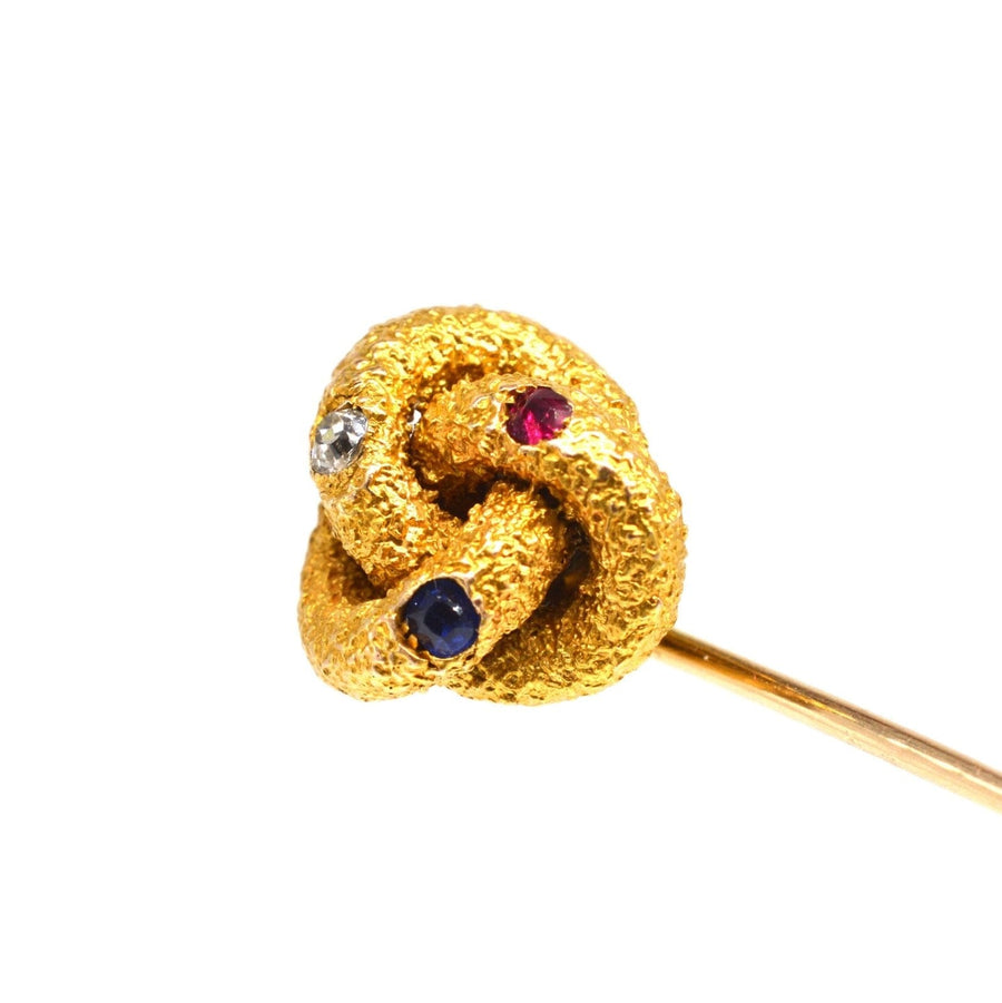 Victorian Large 15ct Gold Knot Tie Pin with a Sapphire, Diamond and a Ruby | Parkin and Gerrish | Antique & Vintage Jewellery