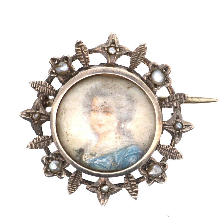 Victorian Neoclassicism Silver Gilt and Pearl Brooch with a Miniature Portrait of a Georgian Lady Brooch | Parkin and Gerrish | Antique & Vintage Jewellery