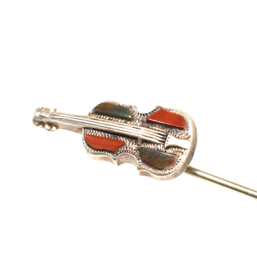Victorian Scottish Silver Violin Tie Pin with Bloodstone and Jasper | Parkin and Gerrish | Antique & Vintage Jewellery