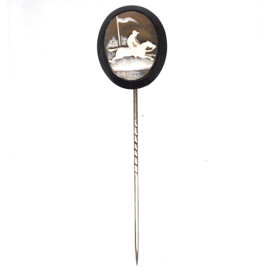 Victorian Shell Cameo & Whitby Jet Racing Horse Tie Pin | Parkin and Gerrish | Antique & Vintage Jewellery