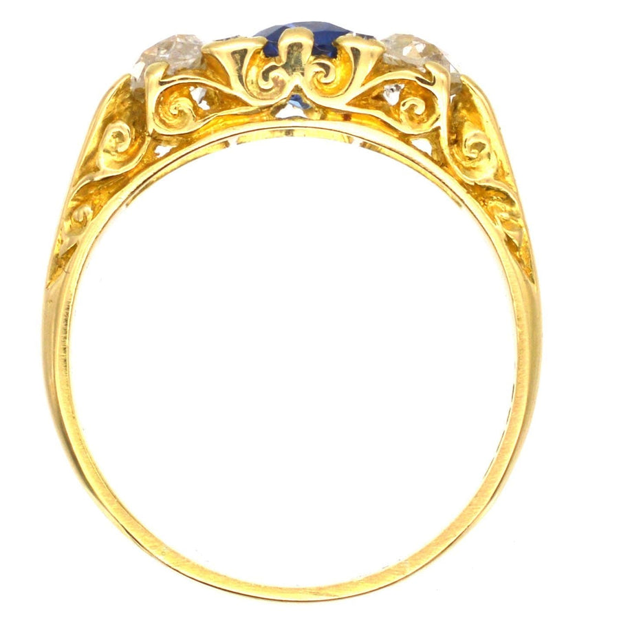 Victorian-Style 1960s 18ct Gold, Carved Half Hoop Three Stone Sapphire & Diamond Ring | Parkin and Gerrish | Antique & Vintage Jewellery