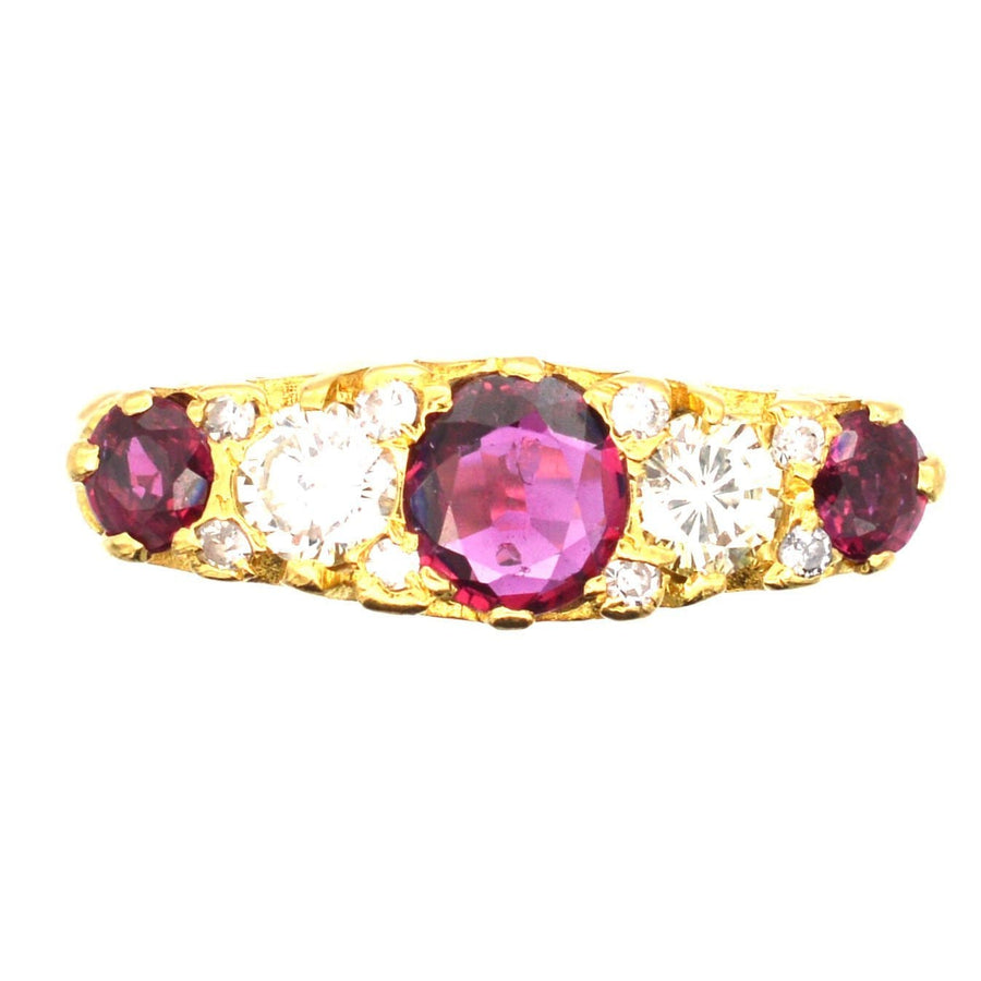 Victorian-Style 1970s 18ct Gold, Ruby Doublet & Diamond, Half Carved Hoop Ring | Parkin and Gerrish | Antique & Vintage Jewellery