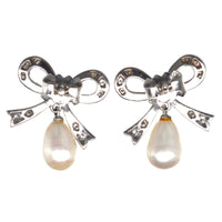 Vintage 18ct White Gold Diamond Bow and Cultured Pearl Drop Earrings | Parkin and Gerrish (UK)
