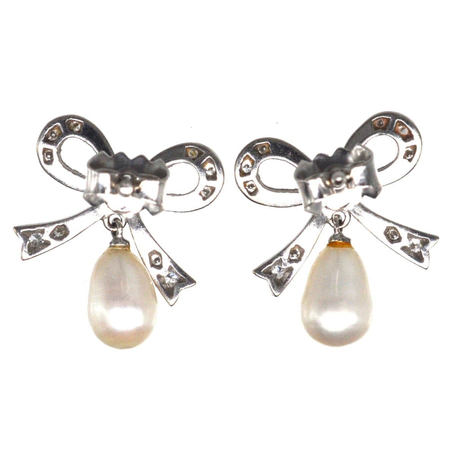 Vintage 18ct White Gold Diamond Bow and Cultured Pearl Drop Earrings | Parkin and Gerrish | Antique & Vintage Jewellery