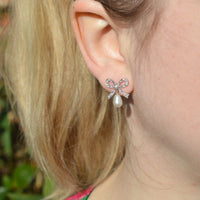 Vintage 18ct White Gold Diamond Bow and Cultured Pearl Drop Earrings | Parkin and Gerrish (UK)