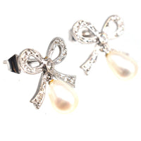 Vintage 18ct White Gold Diamond Bow and Cultured Pearl Drop Earrings | Parkin and Gerrish (UK)