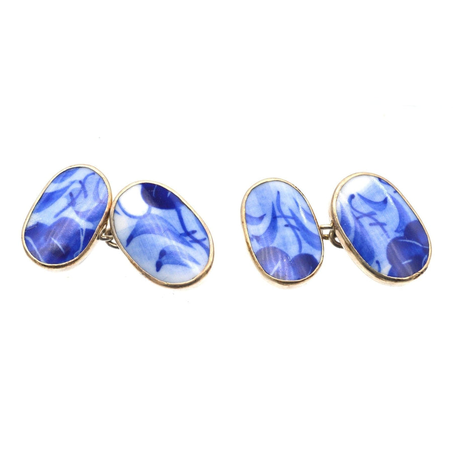 Vintage Silver Delftware "Pottery Blue" and White Floral Painted Cufflinks | Parkin and Gerrish | Antique & Vintage Jewellery