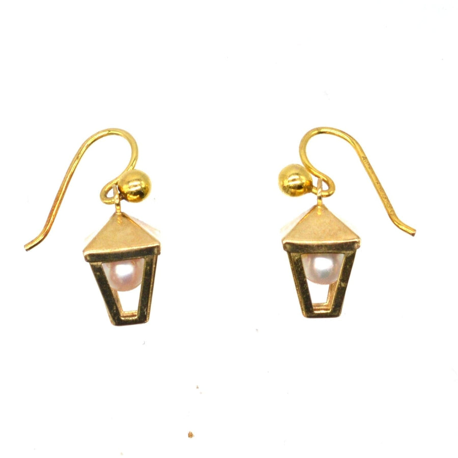 Vintage Victorian Street Lantern Lamp Earrings with a Pearl Bulb | Parkin and Gerrish | Antique & Vintage Jewellery